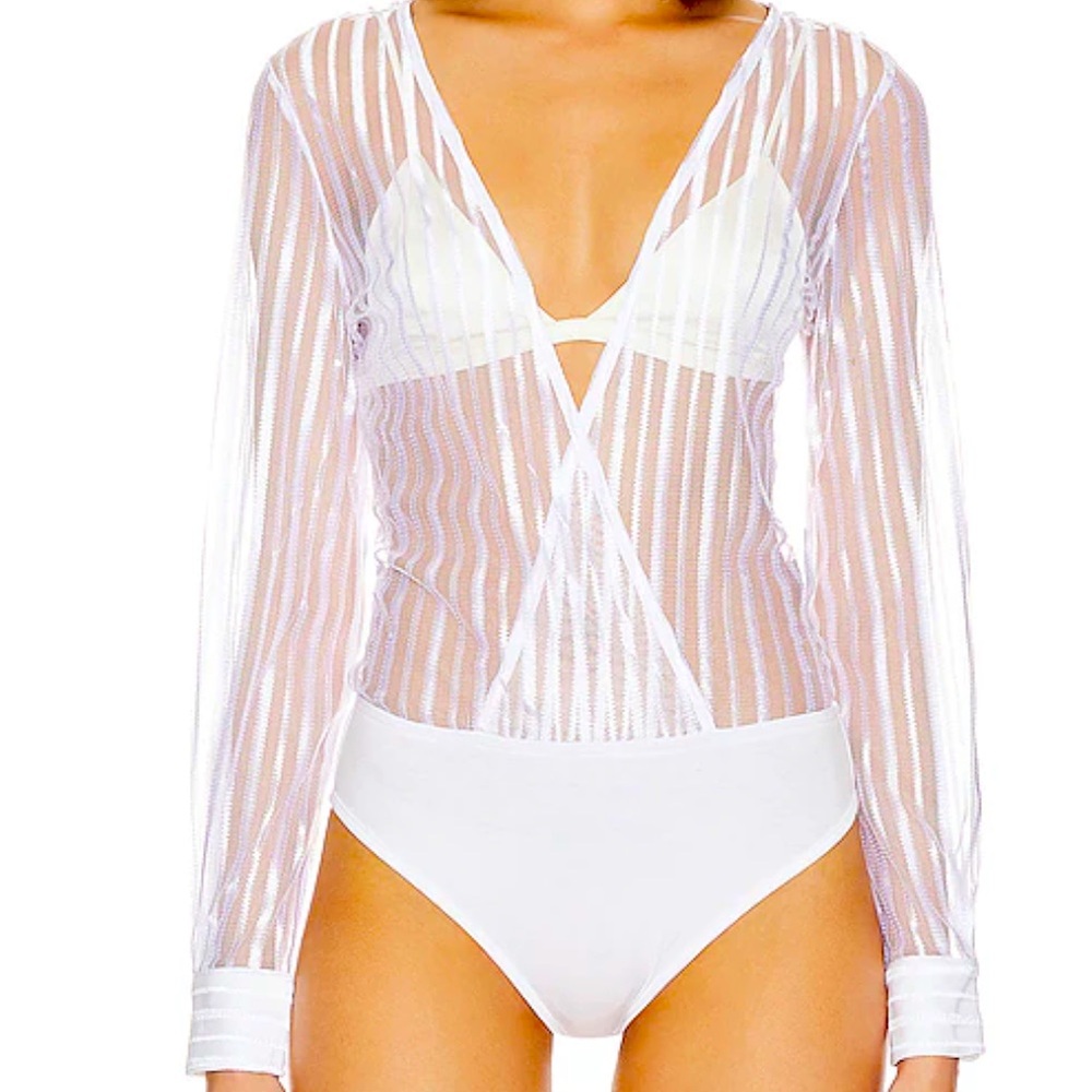 Dila Sheer Stripped Bodysuit in White by Superdown